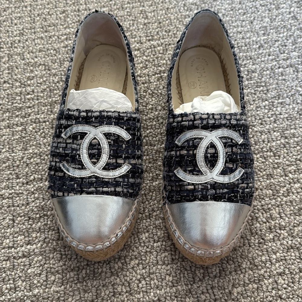 Chanel Espadrilles Tweed Blue Black Sliver Shoes 36 - Picture 2 of 12